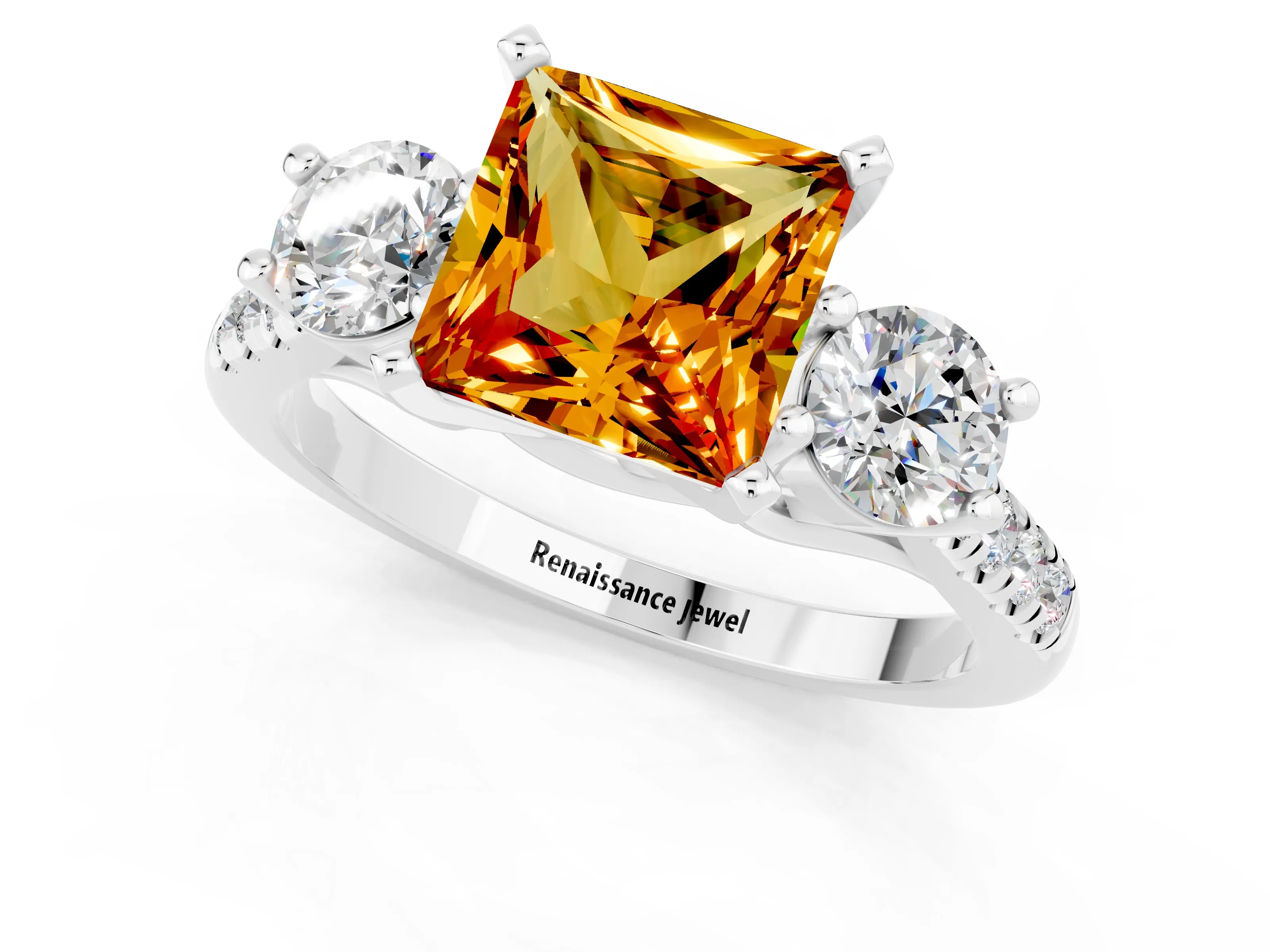 White gold Three-Stone Princess Cut Citrine Pavé Band with Four-Prong Setting_1