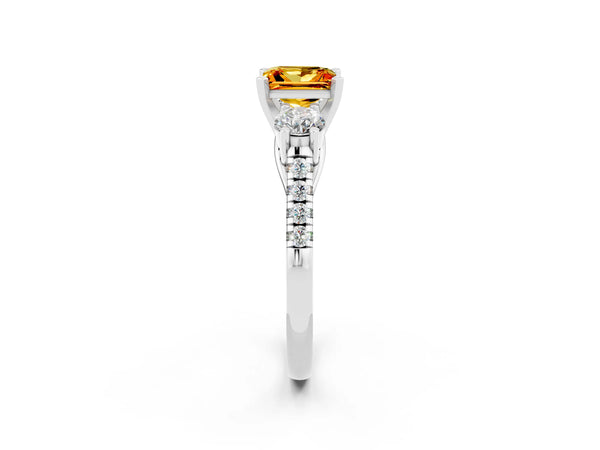 Platinum Three-Stone Princess Cut Citrine Pavé Band with Four-Prong Setting