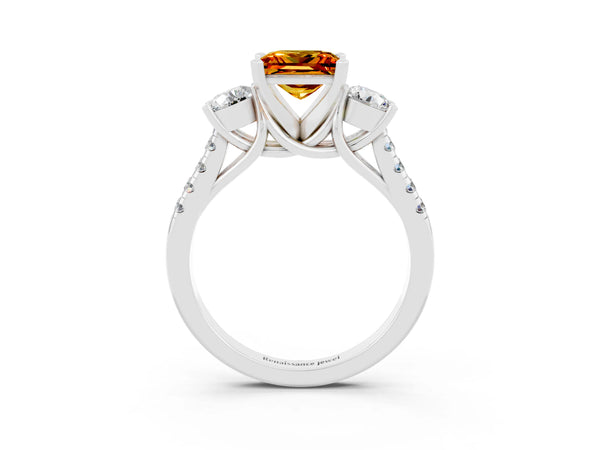 White gold Three-Stone Princess Cut Citrine Pavé Band with Four-Prong Setting