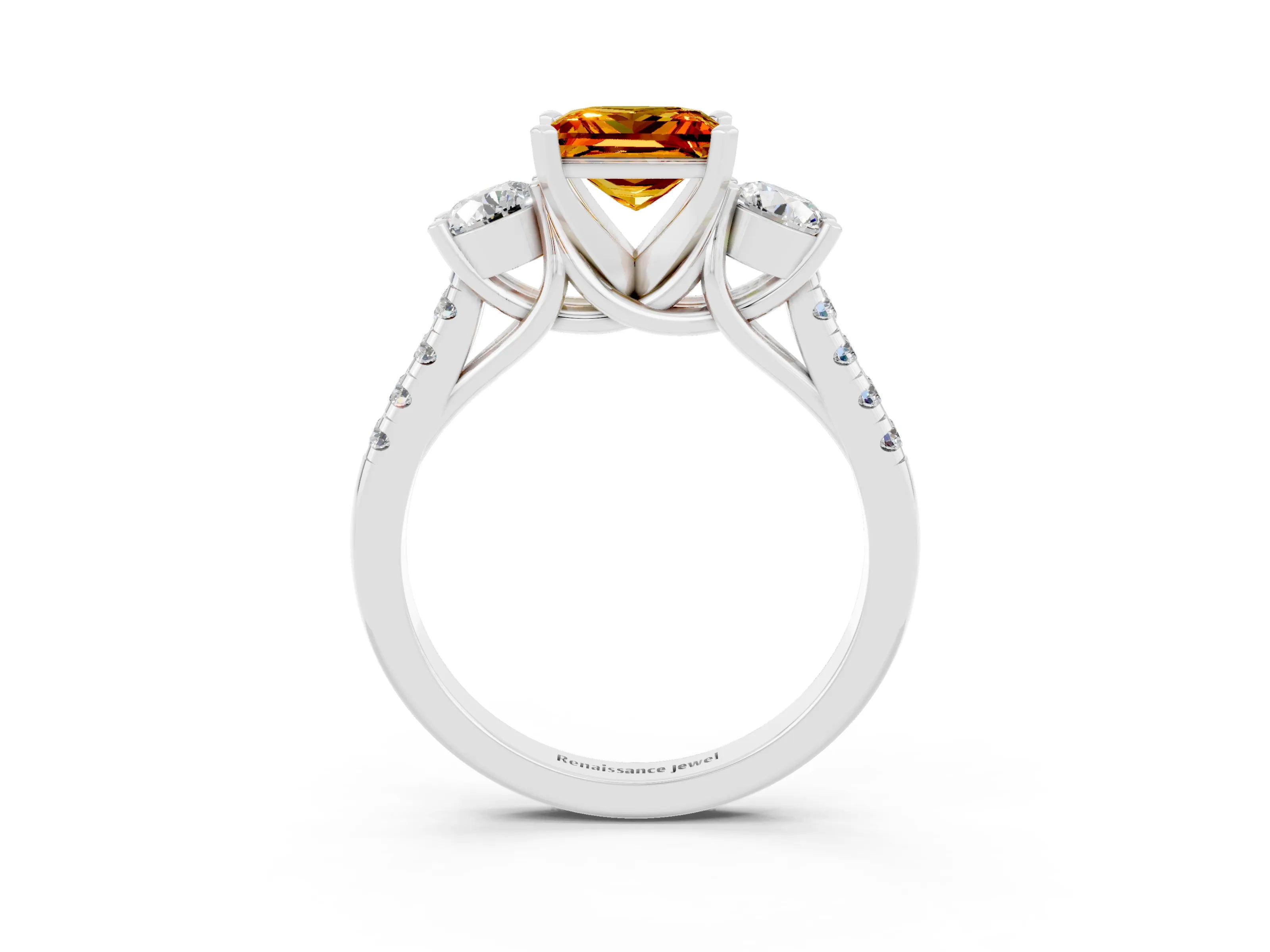 White gold Three-Stone Princess Cut Citrine Pavé Band with Four-Prong Setting_3