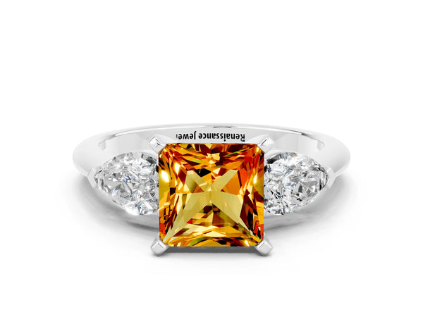 Platinum Three-Stone Princess Cut Citrine Ring with Pear Side Stones and Four-Prong Setting