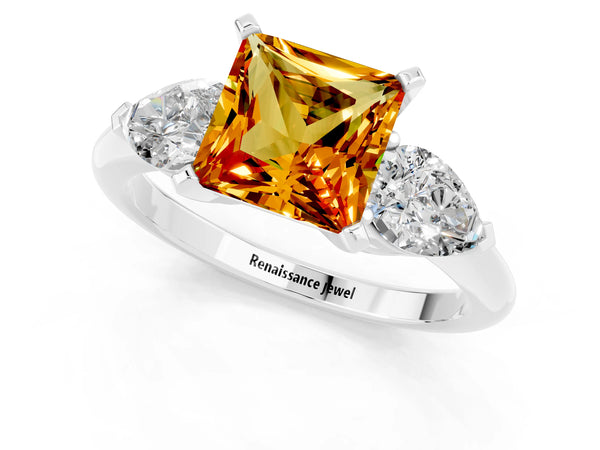 Silver Three-Stone Princess Cut Citrine Ring with Pear Side Stones and Four-Prong Setting