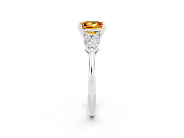 Silver Three-Stone Princess Cut Citrine Ring with Pear Side Stones and Four-Prong Setting
