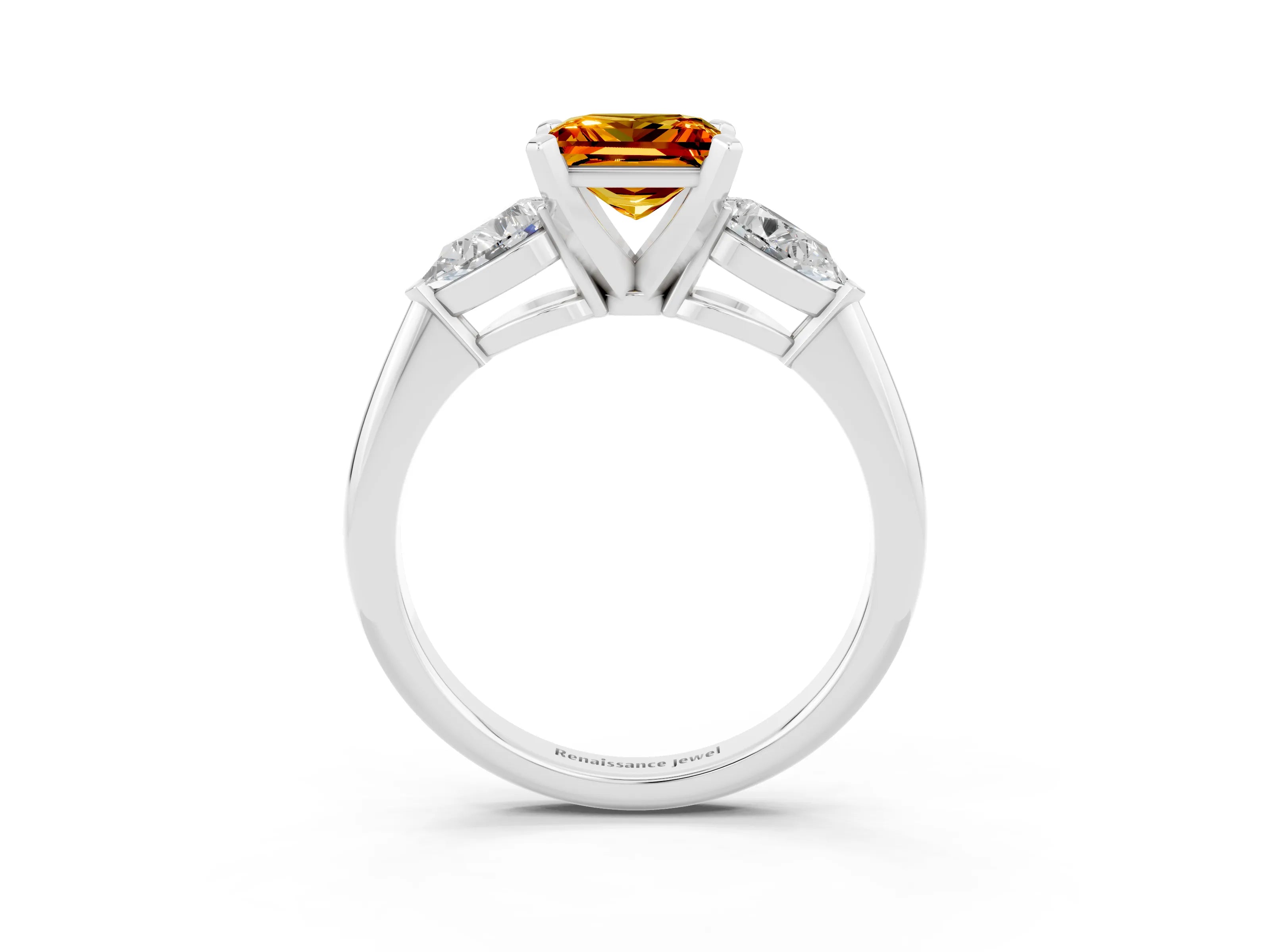 White gold Three-Stone Princess Cut Citrine Ring with Pear Side Stones and Four-Prong Setting_3