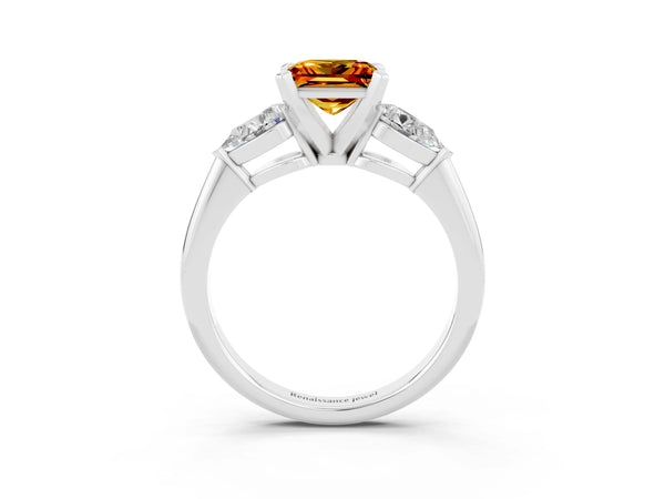 Platinum Three-Stone Princess Cut Citrine Ring with Pear Side Stones and Four-Prong Setting