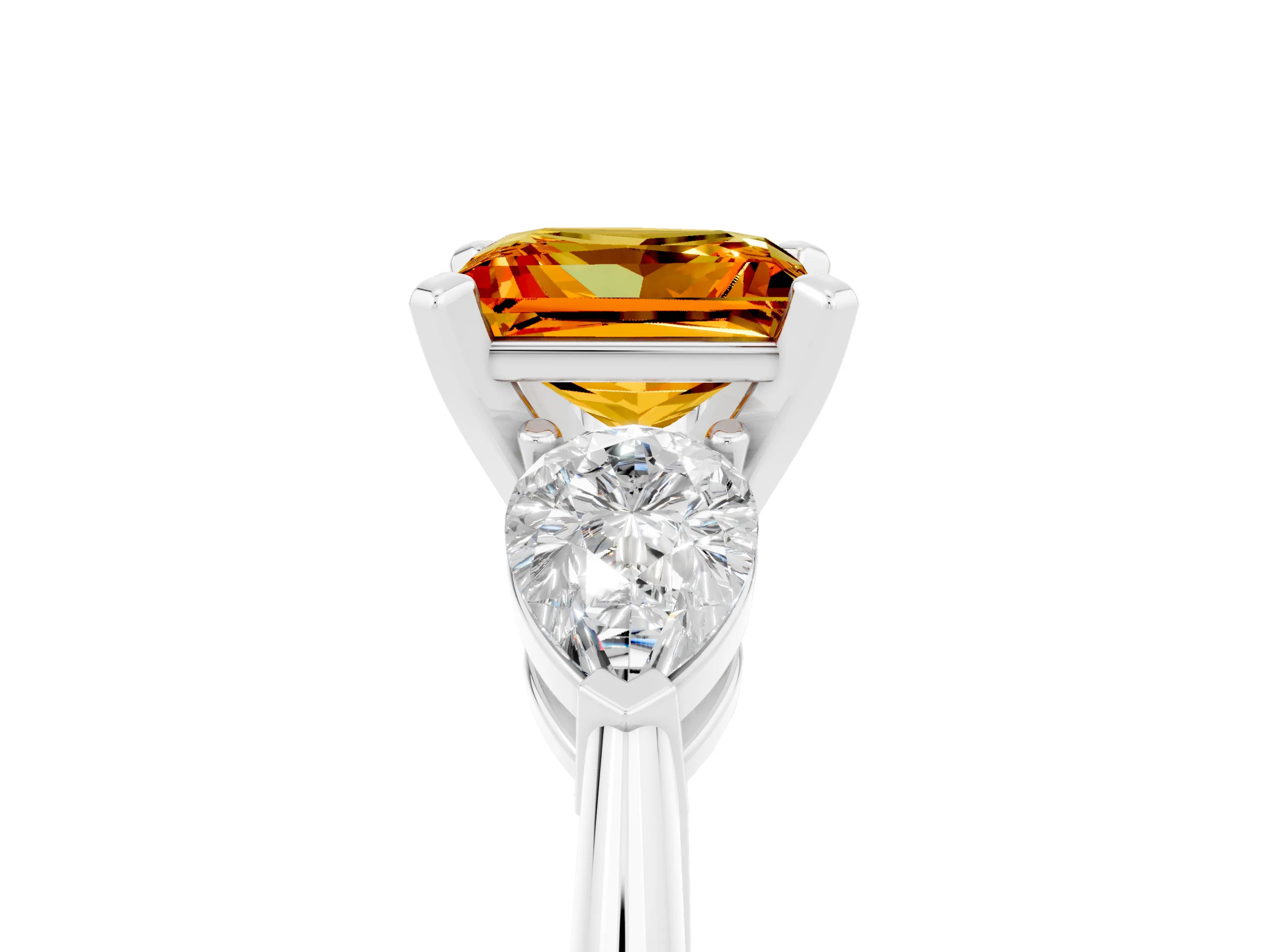 White gold Three-Stone Princess Cut Citrine Ring with Pear Side Stones and Four-Prong Setting_5