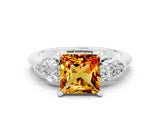 White gold Three-Stone Princess Cut Citrine Ring with Pear Side Stones and Four-Prong Setting