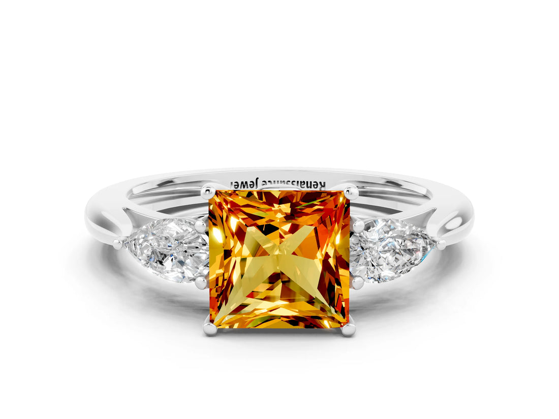 White gold Three-Stone Princess Cut Citrine Ring with Pear  Side Stones in Four-Prong Setting_12