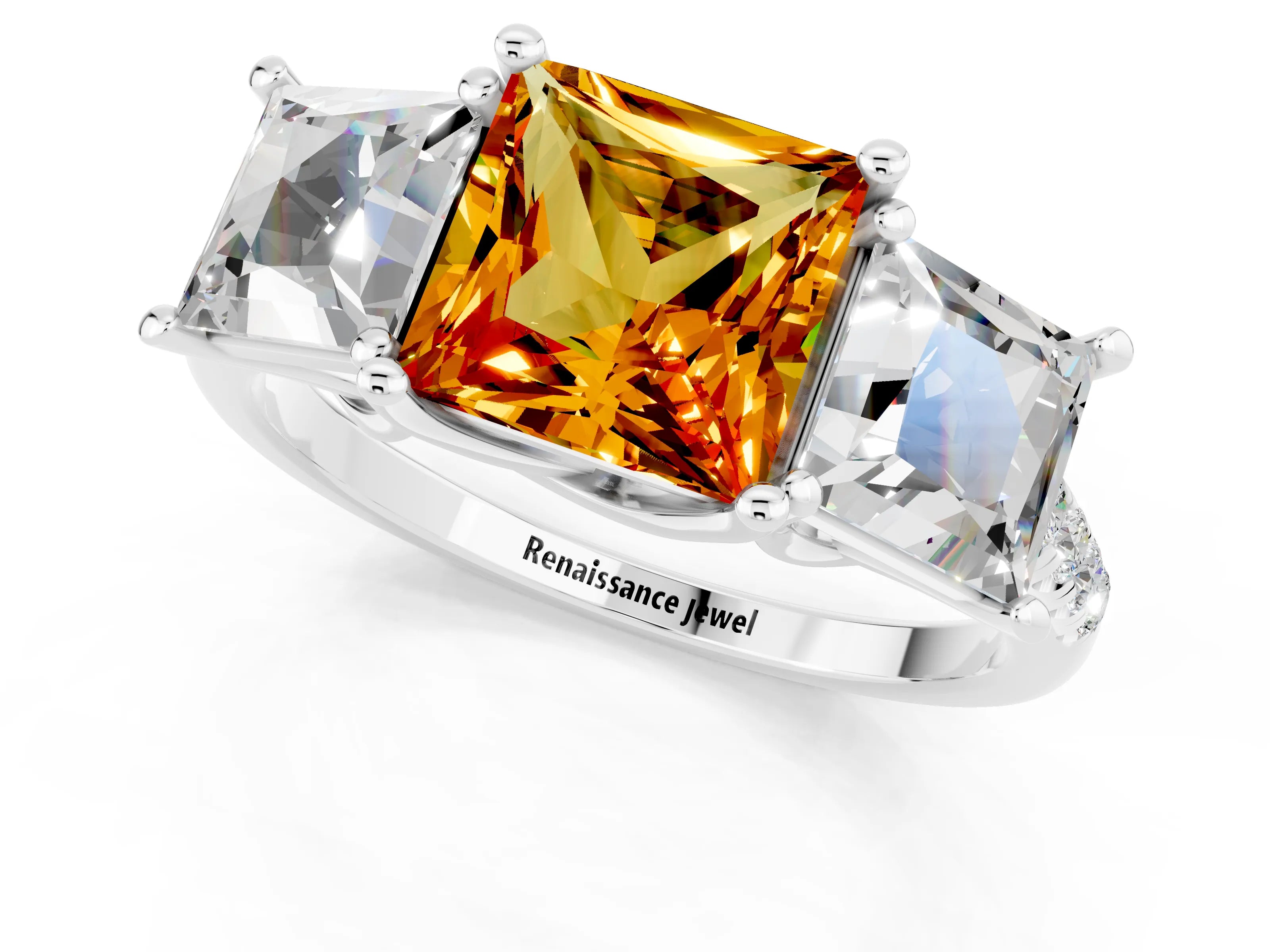 White gold Three-Stone Princess Cut Citrine Ring with Round  Pavé Band and Prong Setting_25