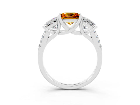 White gold Three-Stone Princess Cut Citrine Ring with Round  Pavé Band and Prong Setting_27