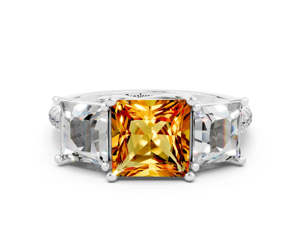 White gold Three-Stone Princess Cut Citrine Ring with Round  Pavé Band and Prong Setting