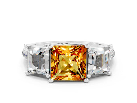 White gold Three-Stone Princess Cut Citrine Ring with Round  Pavé Band and Prong Setting_30