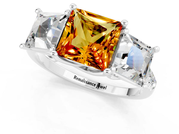 White gold Three-Stone Princess Cut Citrine Ring with Round  Pavé Band and Prong Setting