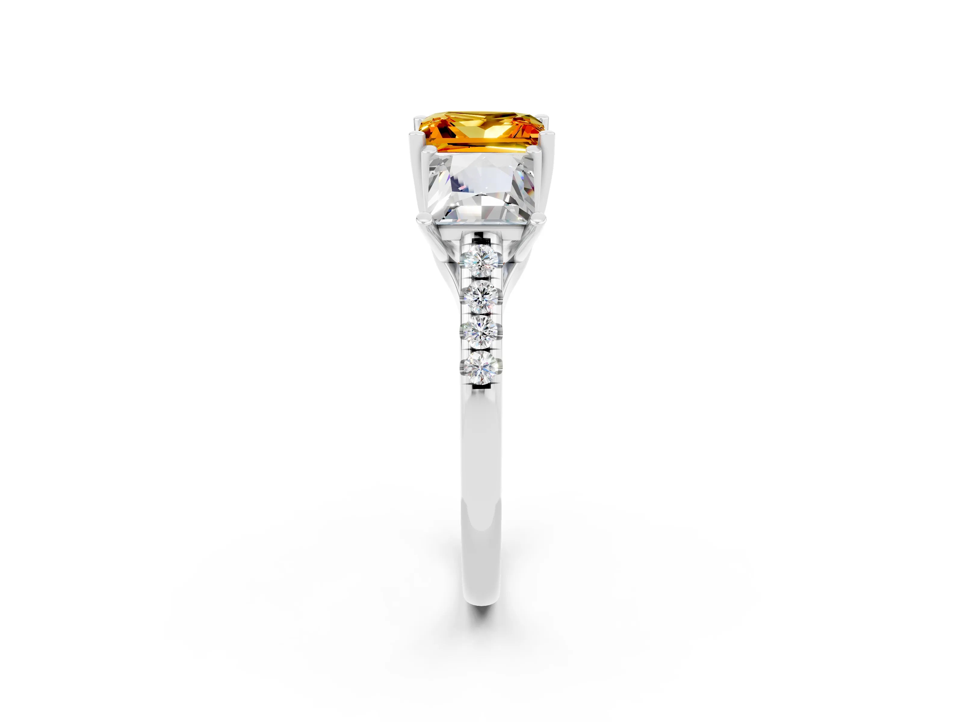 White gold Three-Stone Princess Cut Citrine Ring with Round  Pavé Band and Prong Setting_32