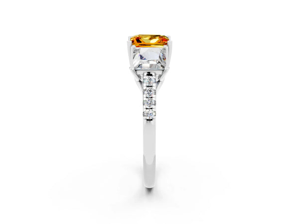 Silver Three-Stone Princess Cut Citrine Ring with Round  Pavé Band and Prong Setting