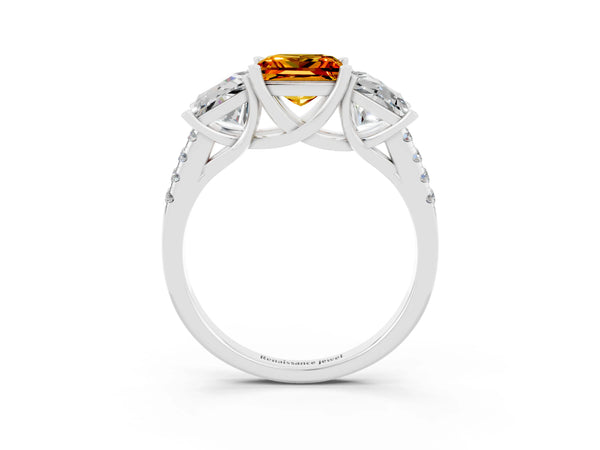 Platinum Three-Stone Princess Cut Citrine Ring with Round  Pavé Band and Prong Setting