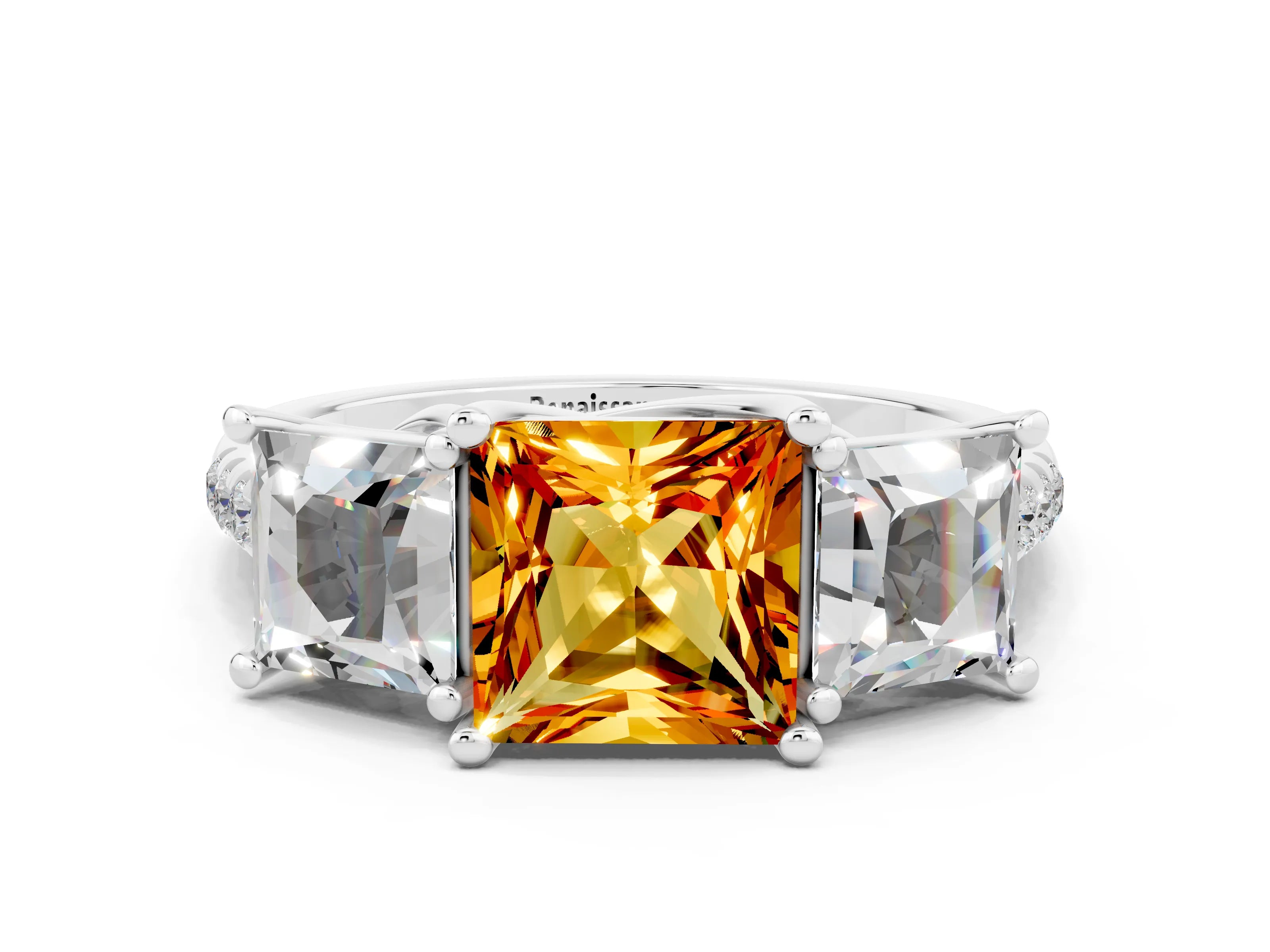 White gold Three-Stone Princess Cut Citrine Ring with Round  Pavé Band and Prong Setting_36