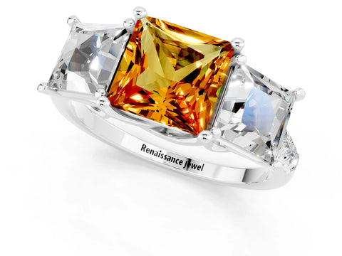 White gold Three-Stone Princess Cut Citrine Ring with Round  Pavé Band and Prong Setting_37