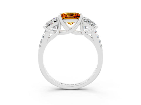 White gold Three-Stone Princess Cut Citrine Ring with Round  Pavé Band and Prong Setting_39