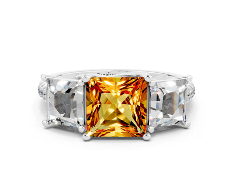 White gold Three-Stone Princess Cut Citrine Ring with Round  Pavé Band and Prong Setting_48