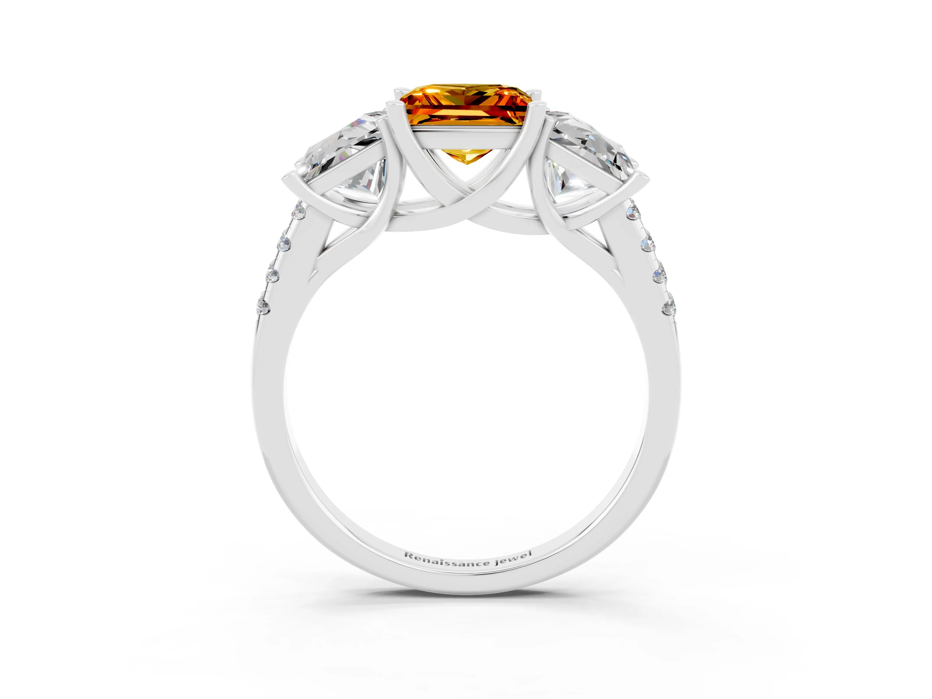 White gold Three-Stone Princess Cut Citrine Ring with Round  Pavé Band and Prong Setting_51