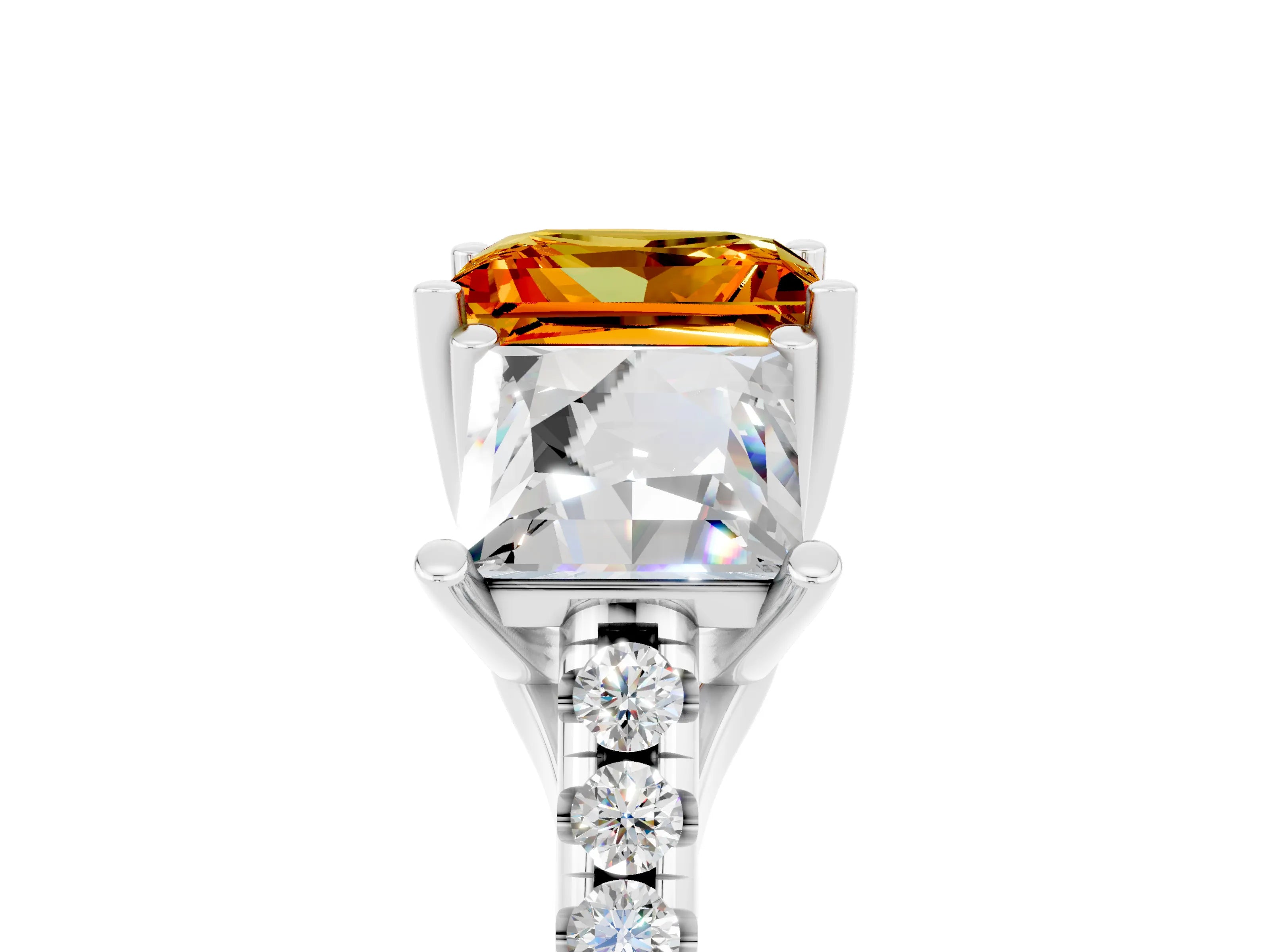 White gold Three-Stone Princess Cut Citrine Ring with Round  Pavé Band and Prong Setting_53