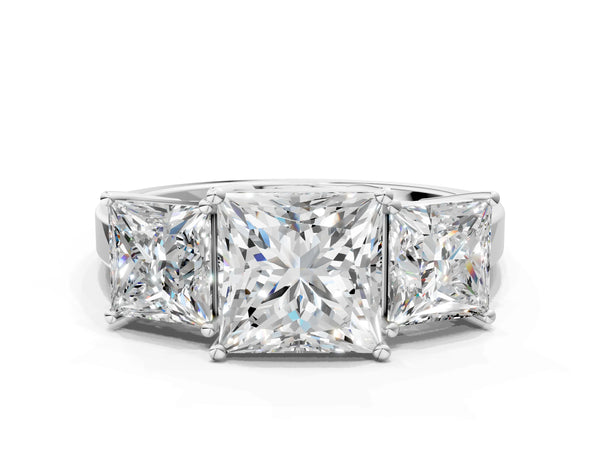 White gold Three-Stone Round Cut Diamond Engagement Ring with Flat Band and Four-Prong Setting