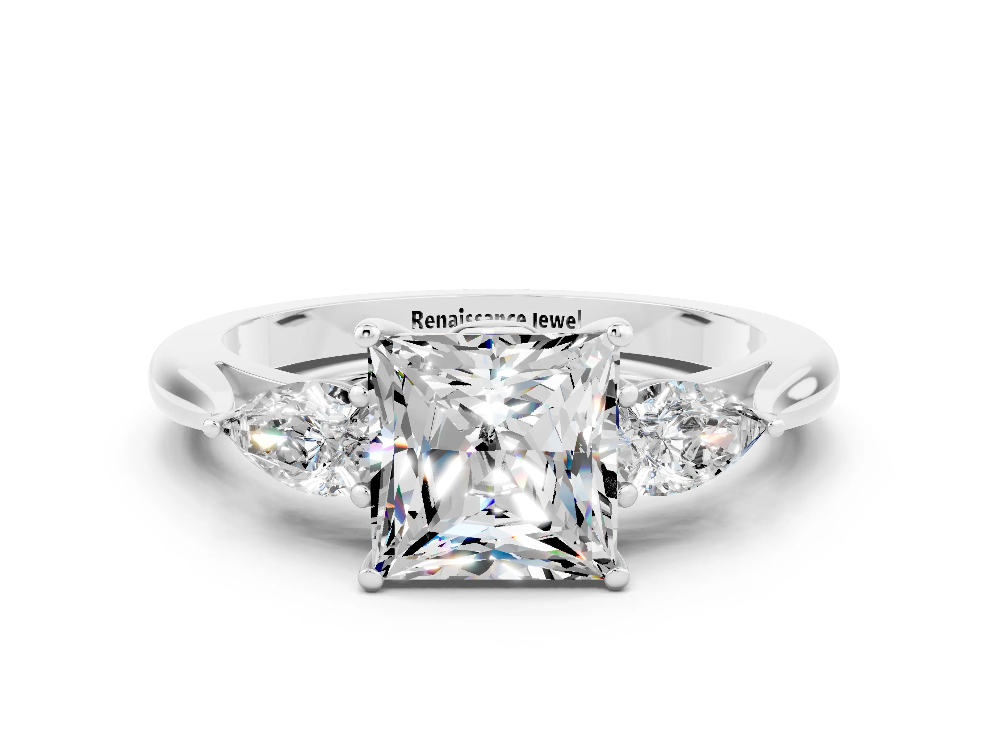 White gold Three-Stone Princess Cut Cut Diamond Ring with Pear Side Stones in Four-Prong Setting