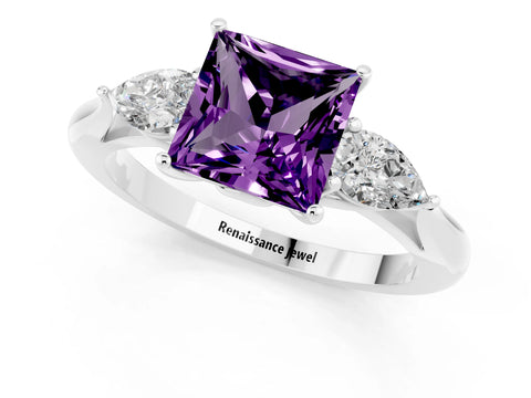 White gold Three-Stone Princess Cut Cut Diamond Ring with Pear Side Stones in Four-Prong Setting_1