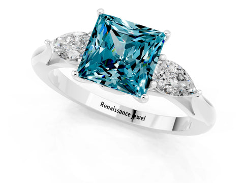White gold Three-Stone Princess Cut Cut Diamond Ring with Pear Side Stones in Four-Prong Setting_1