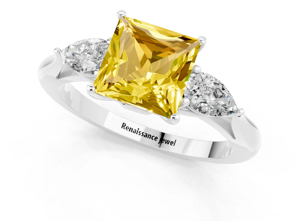 Platinum Three-Stone Princess Cut Yellow Sapphire Ring with Pear  Side Stones in Four-Prong Setting