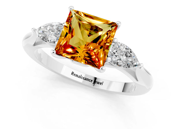 Silver Three-Stone Princess Cut Citrine Ring with Pear  Side Stones in Four-Prong Setting