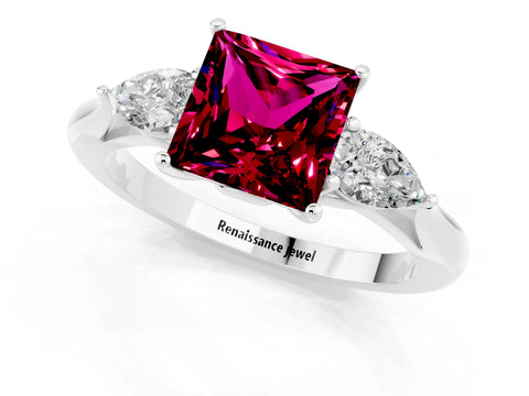 White gold Three-Stone Princess Cut Cut Diamond Ring with Pear Side Stones in Four-Prong Setting_1