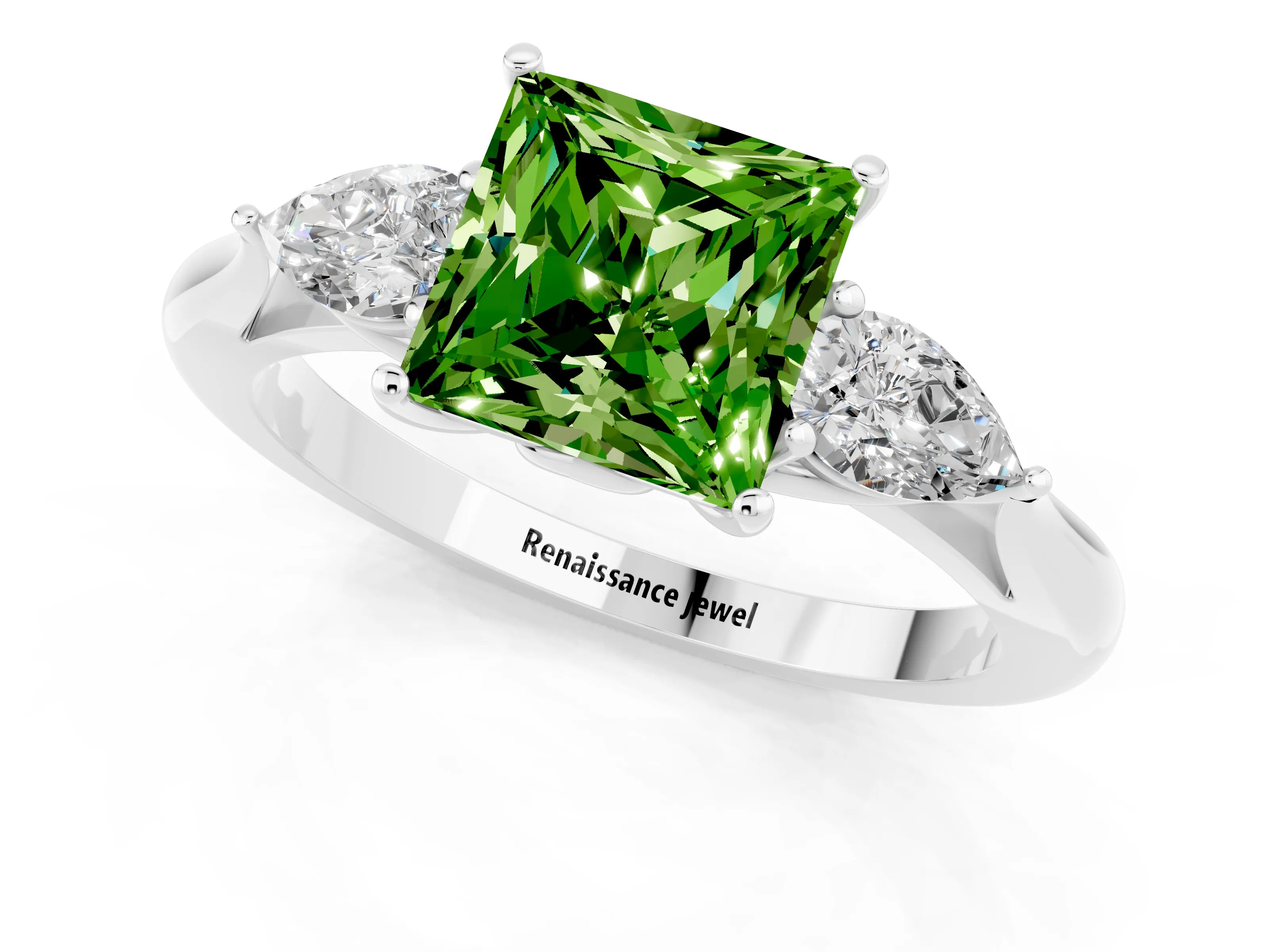 White gold Three-Stone Princess Cut Cut Diamond Ring with Pear Side Stones in Four-Prong Setting_1