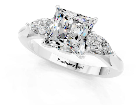 White gold Three-Stone Princess Cut Cut Diamond Ring with Pear Side Stones in Four-Prong Setting_1
