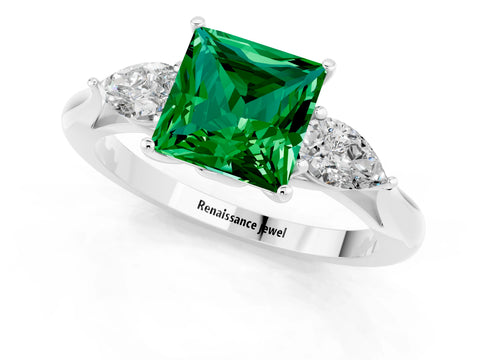 White gold Three-Stone Princess Cut Cut Diamond Ring with Pear Side Stones in Four-Prong Setting_1