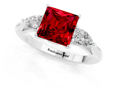 White gold Three-Stone Princess Cut Cut Diamond Ring with Pear Side Stones in Four-Prong Setting_1