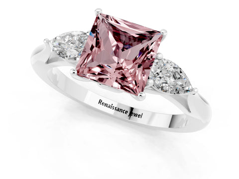 White gold Three-Stone Princess Cut Cut Diamond Ring with Pear Side Stones in Four-Prong Setting_1