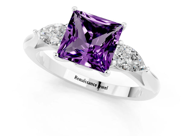 Platinum Three-Stone Princess Cut Amethyst Ring with Pear  Side Stones in Four-Prong Setting