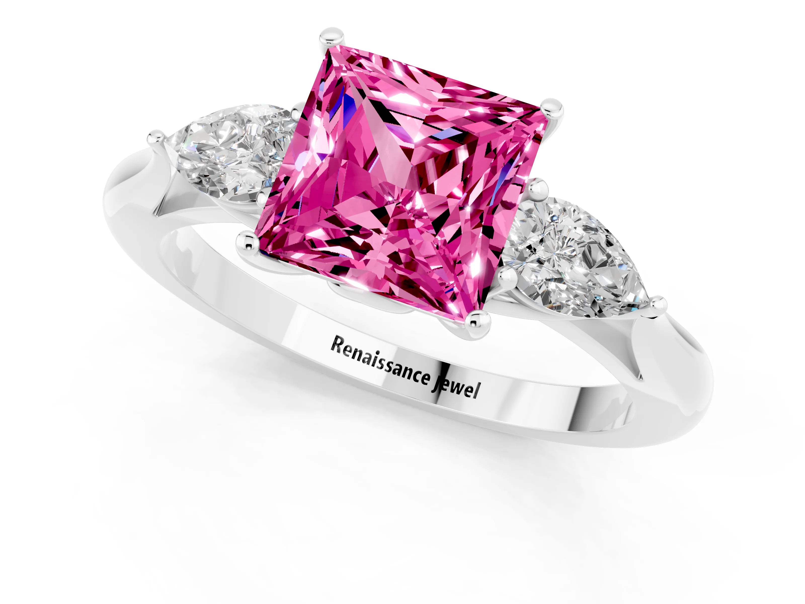White gold Three-Stone Princess Cut Cut Diamond Ring with Pear Side Stones in Four-Prong Setting_1