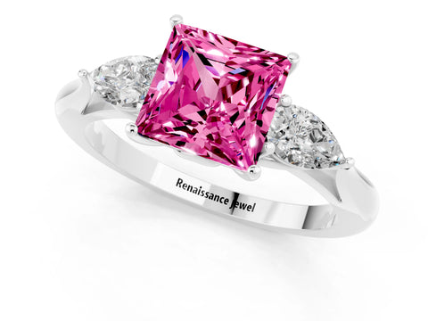 White gold Three-Stone Princess Cut Cut Diamond Ring with Pear Side Stones in Four-Prong Setting_1