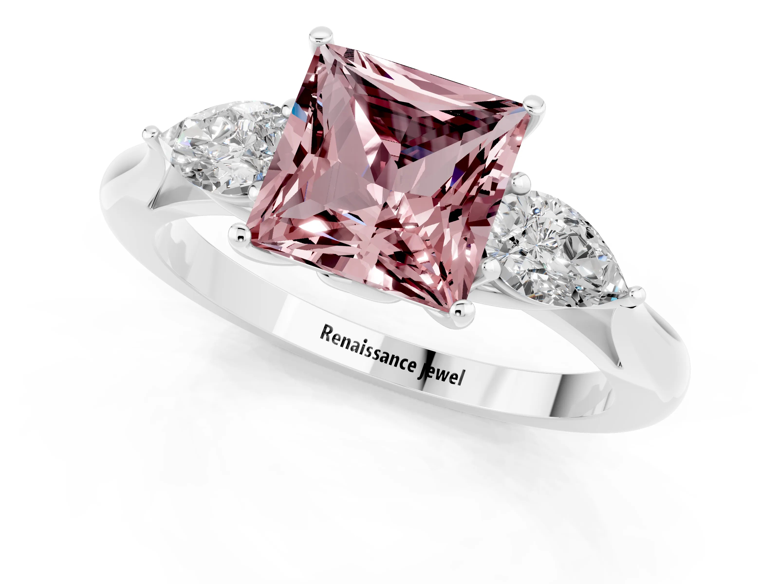 White gold Three-Stone Princess Cut Cut Diamond Ring with Pear Side Stones in Four-Prong Setting_1