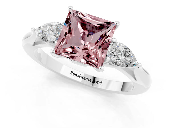 Silver Three-Stone Princess Cut Cut Diamond Ring with Pear Side Stones in Four-Prong Setting