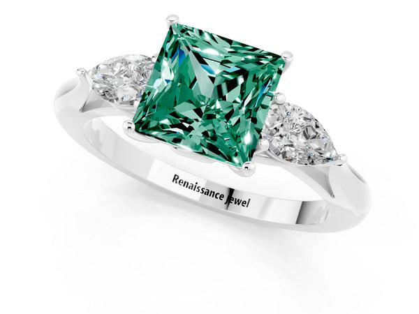 Silver Three-Stone Princess Cut Green Sapphire Ring with Pear  Side Stones in Four-Prong Setting