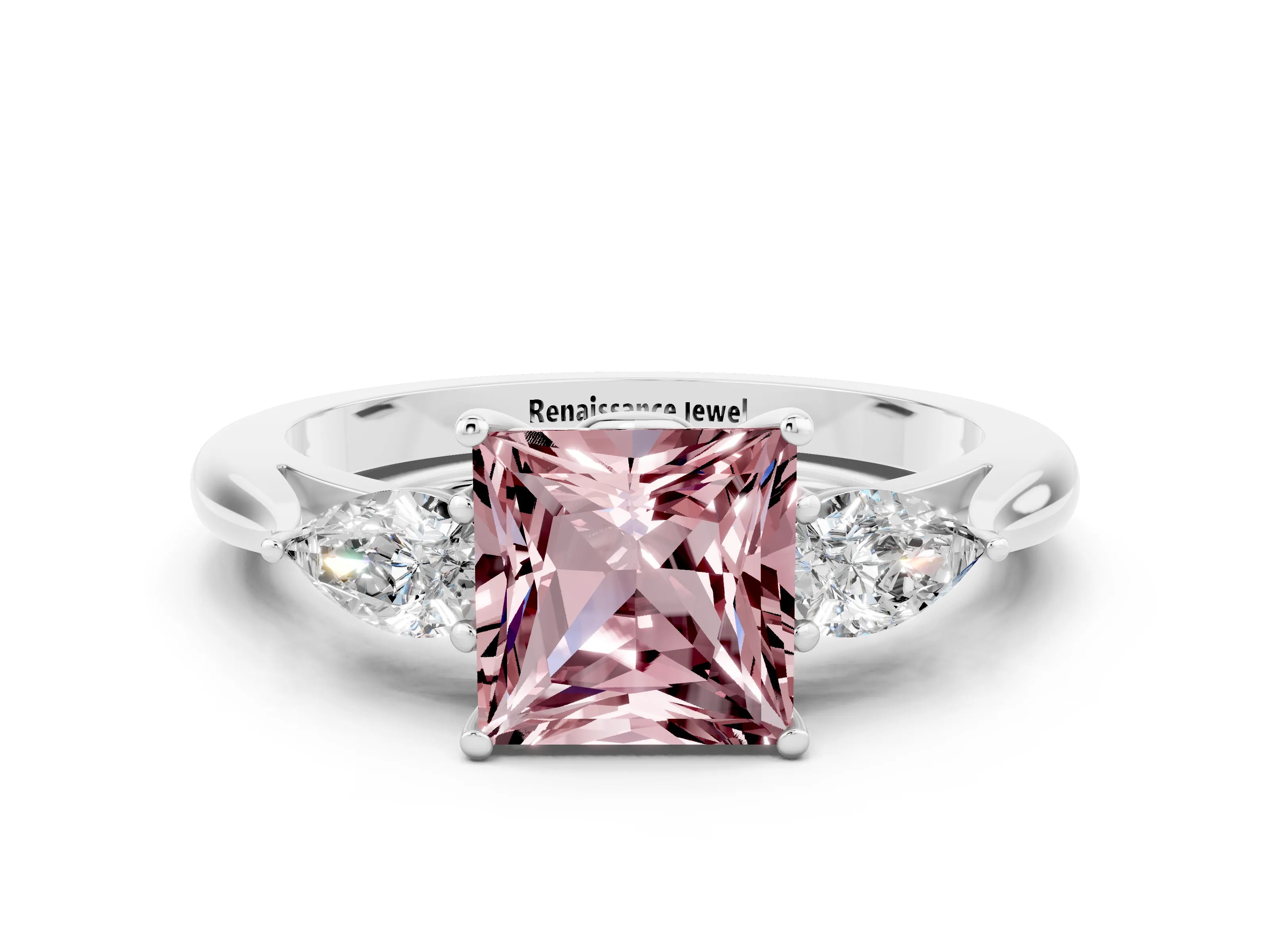White gold Three-Stone Princess Cut Cut Diamond Ring with Pear Side Stones in Four-Prong Setting