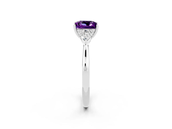 Platinum Three-Stone Princess Cut Amethyst Ring with Pear  Side Stones in Four-Prong Setting