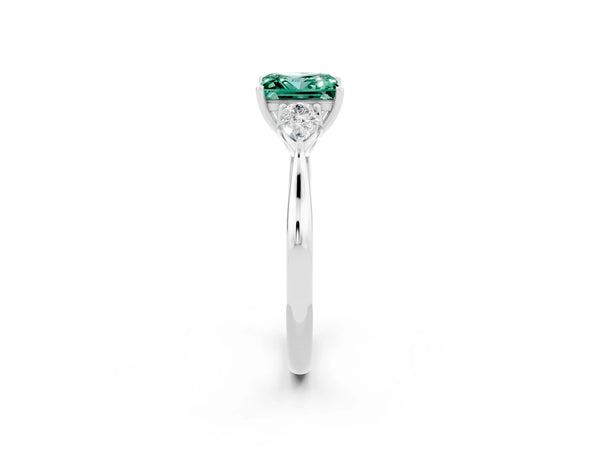 Silver Three-Stone Princess Cut Green Sapphire Ring with Pear  Side Stones in Four-Prong Setting