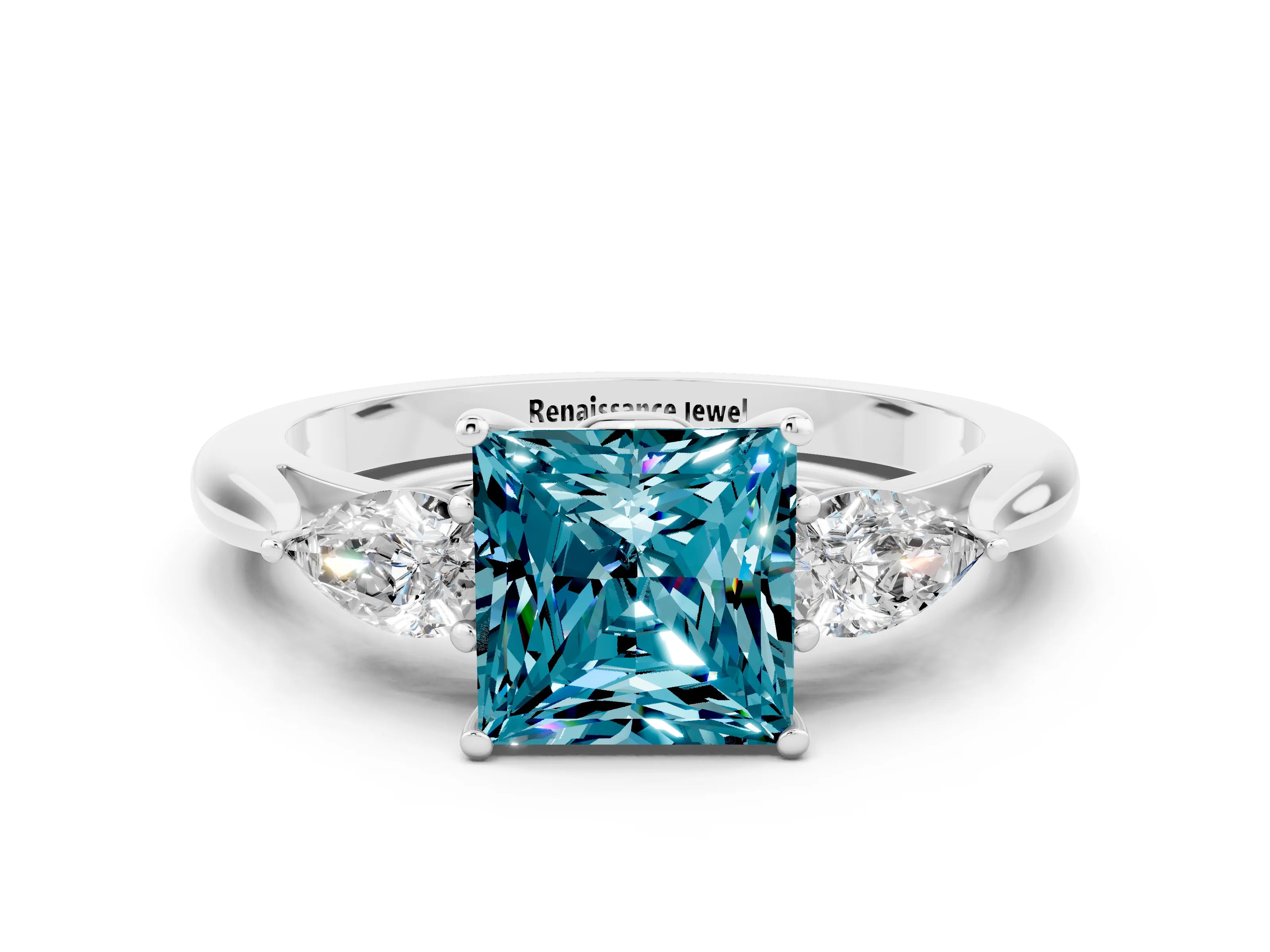 White gold Three-Stone Princess Cut Cut Diamond Ring with Pear Side Stones in Four-Prong Setting
