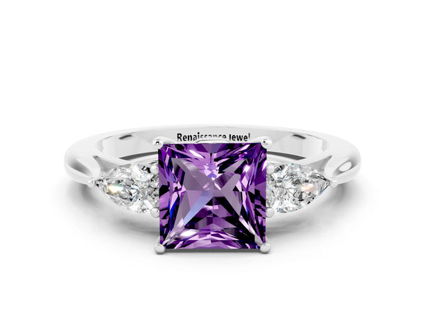Platinum Three-Stone Princess Cut Amethyst Ring with Pear  Side Stones in Four-Prong Setting