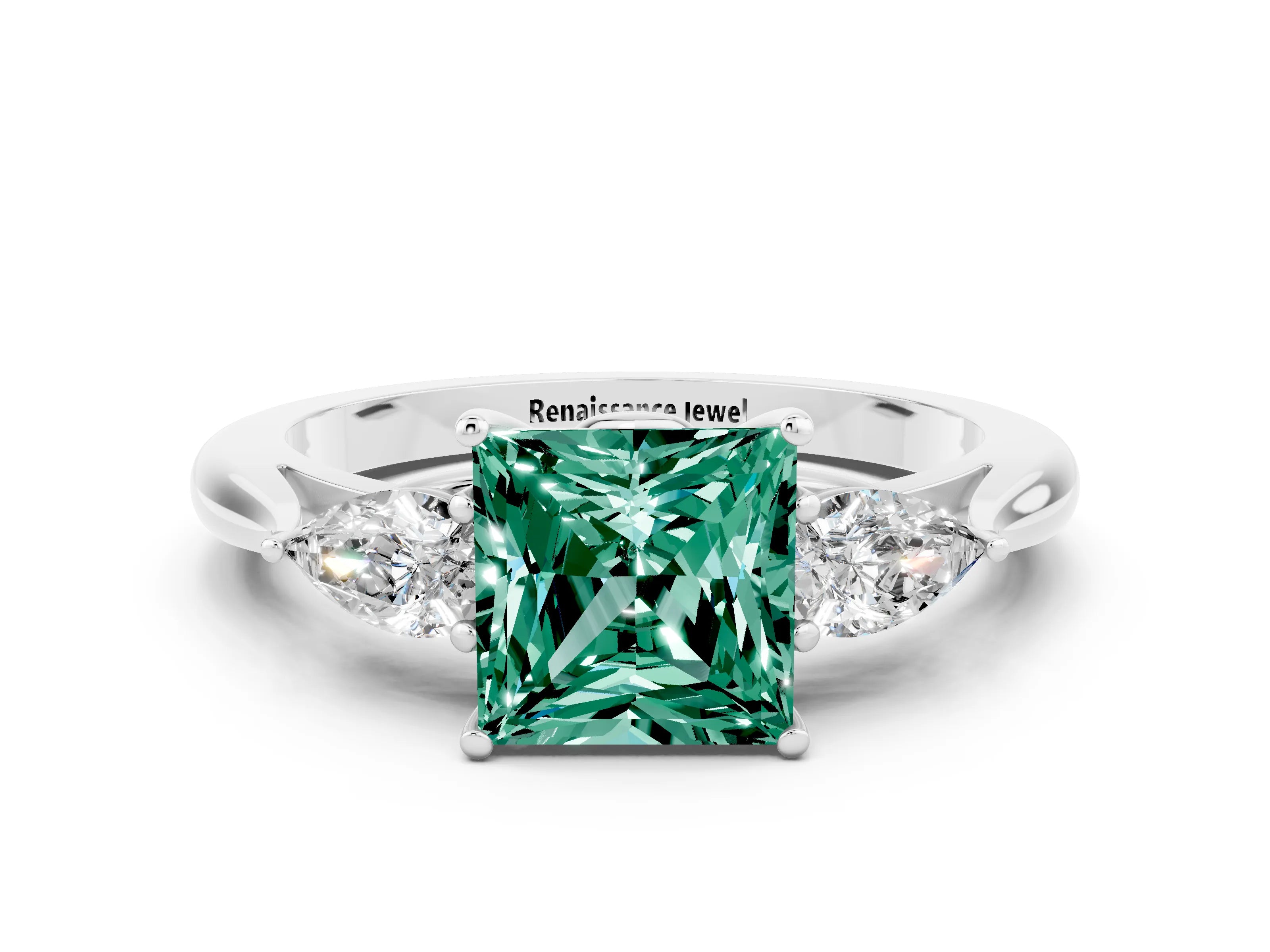White gold Three-Stone Princess Cut Cut Diamond Ring with Pear Side Stones in Four-Prong Setting